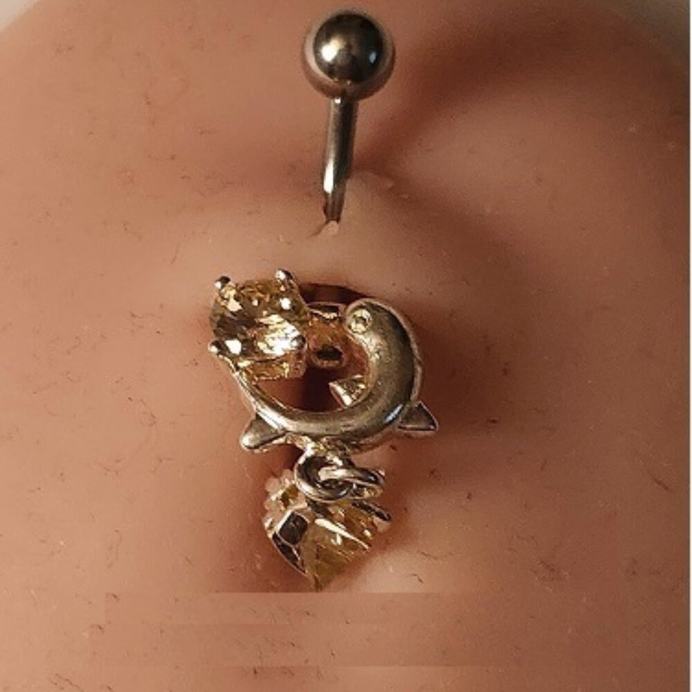 Dolphin Pink Star Dangle Crystals Navel Ring ~ N-5034-POSH